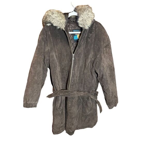 WILSONS ADVENTURE BOUND Suede Leather Coat Fur Trim Hood Sz L Womens - Picture 4 of 8